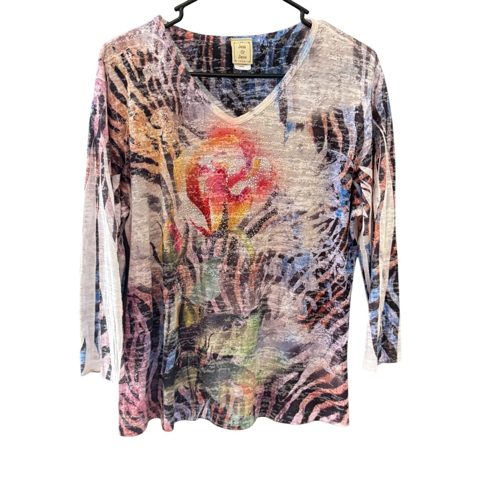 Jess & Jane Zebra Passion Rhinestone Burnout V-Neck‎ Top Large Multi Color USA